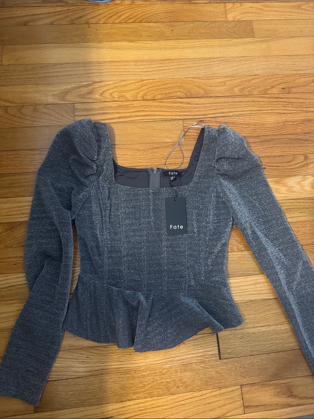 Fate Silver Metallic Peplum Long-Sleeve Top